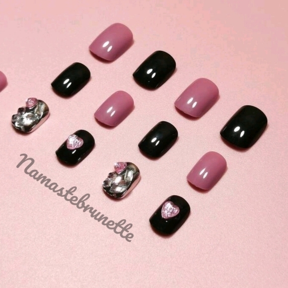 3D Pink Hearts Stars Rhinestone Press On Nails - Picture 4 of 12